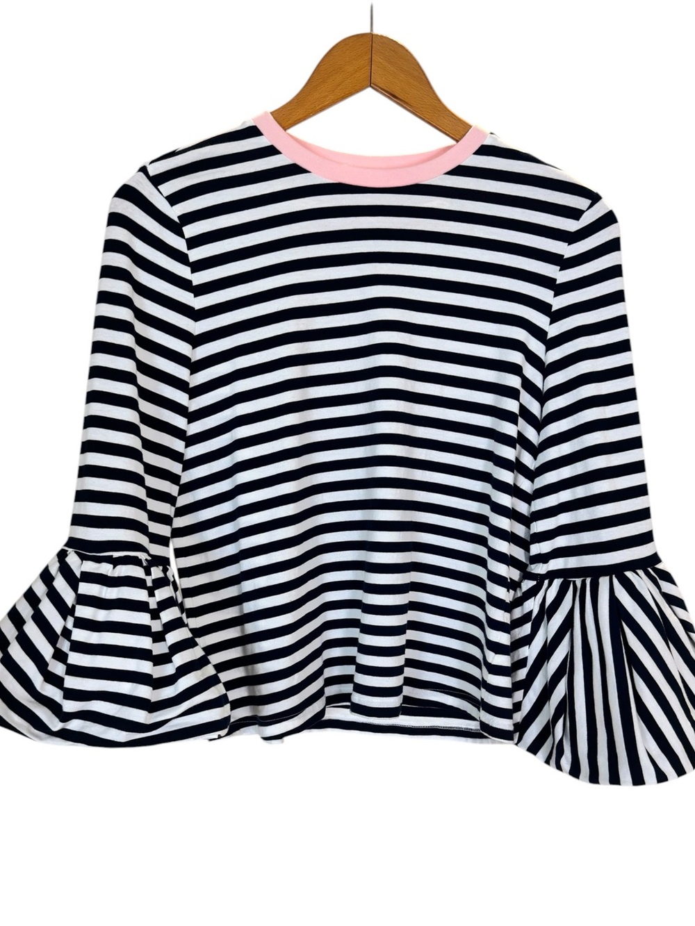 English Factory Navy blue & White Striped Bell-Sleeve Top with Pink Trim